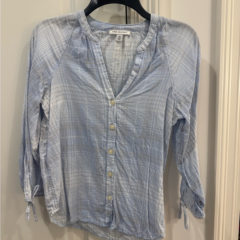 Pale Blue Plaid Button-Up Blouse